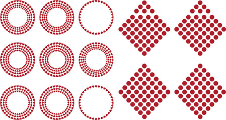 Red Heart Concentric Wreath Rings and Dotted Diamond Pattern Grid Set for Valentine Day Greetings, Wedding Invitations, and Romantic Geometric Graphic Backgrounds © SUMON