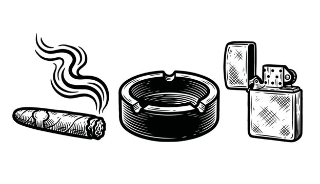 Smoking cigar with ashtray and lighter set, vintage engraved illustration, gentleman lifestyle, vector illustration