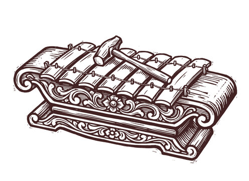 Traditional music instrument gamelan, hand drawn vintage engraving, musical instrument vector illustration
