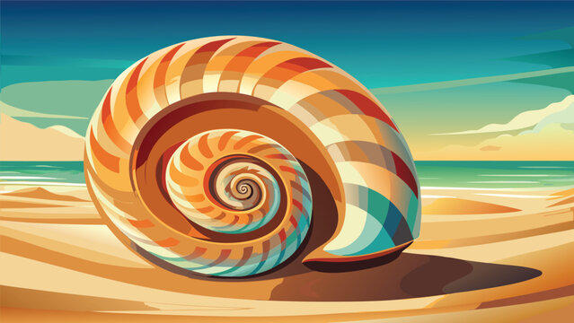 Abstract illustration of a large spiral seashell on a sandy beach at sunset with seashell nautilus shoreline vacation seascape tropical illustration abstract colorful beachcombing seashore