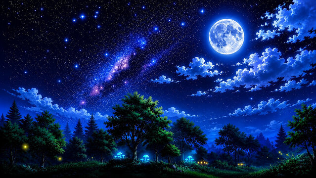 Magical Night Landscape with Full Moon, Milky Way, and Enchanted Fore