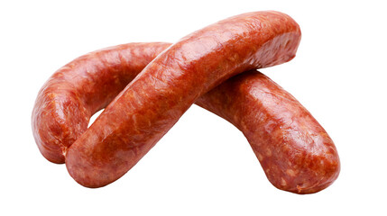 Fototapeta premium Two linked smoked sausages with reddish-brown casing