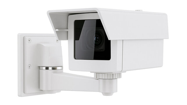 White security camera with adjustable arm and lens