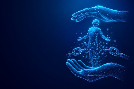 Giant digital hands protecting vulnerable person figure against exploitation concept. futuristic low ply neon world day against. futuristic low ply neon world day against trafficking in persons