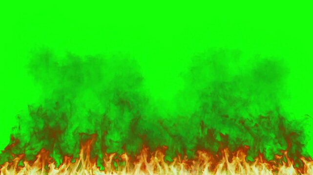 Fire flames rise from a base against a bright green screen background for easy compositing.