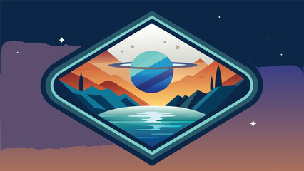Space emblem with saturn planet ring landscape horizon and stars in diamond frame landscape illustration astronomy universe exploration mountains reflection minimalist adventure discovery © Joy Dev