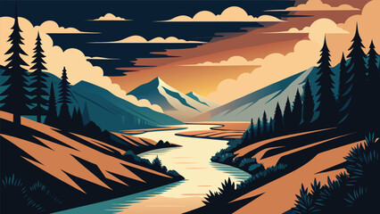 Scenic mountain river valley landscape under a sunset sky with mountains landscape wilderness riverbank mountainous environment peaceful tranquil outdoors panoramic illustration geography © Joy Dev