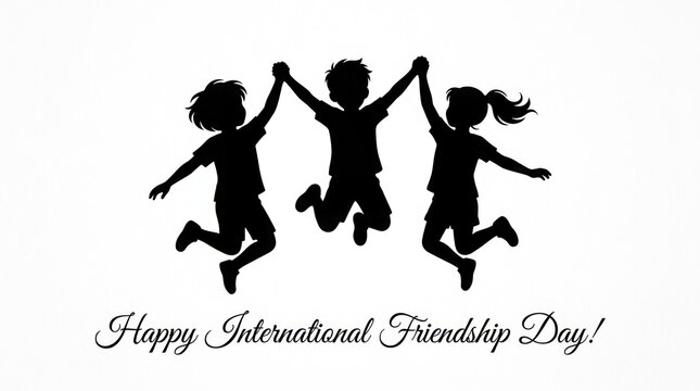 Silhouette of three happy children jumping together for international friendship day with friendship children silhouette together childhood celebration isolated background greeting