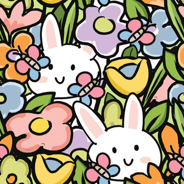 Cute white hare rabbit having fun in colorful blooming floral flower garden seamless pattern