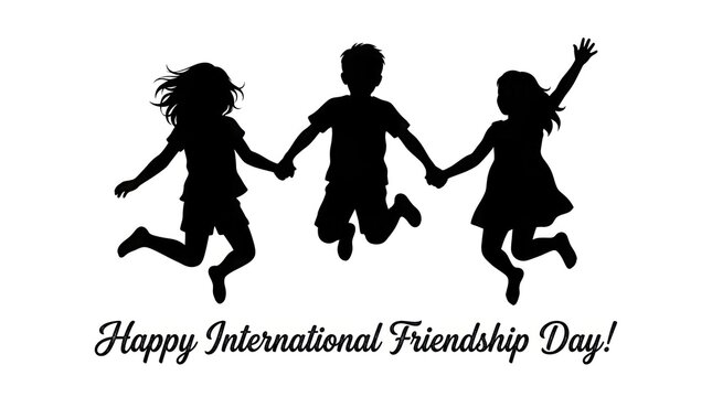 Silhouette of three children holding hands and jumping for international friendship day with friendship children silhouette together childhood celebration isolated background greeting