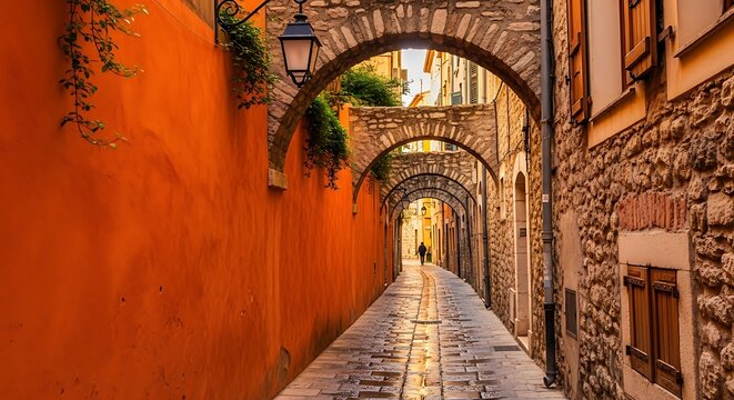 Ornate historic European cathedral interior corridor with warm lighting.