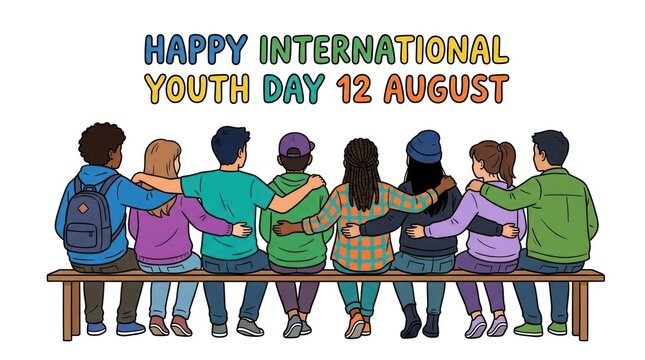 Diverse group of young people sitting on a wooden bench celebrating international youth day with friendship teenagers multicultural celebration togetherness international diversity