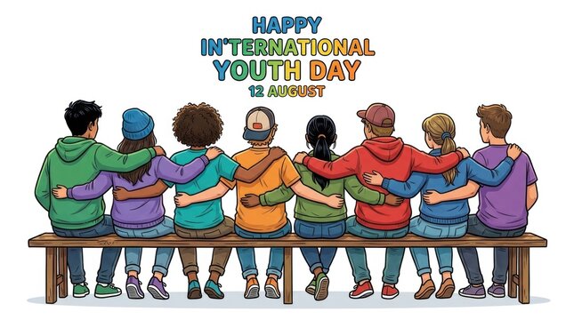 Group of diverse teenagers sitting side by side on a bench celebrating international youth day with teenagers friendship celebration togetherness multicultural students international