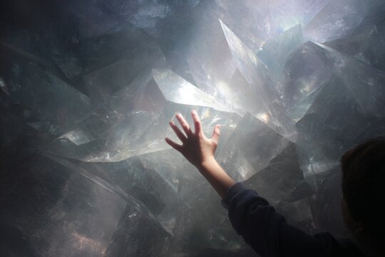 Child hand reaching crystalline cavern of light with reflective facets for fantasy background and conceptual poster design