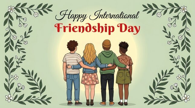 Group of young friends standing together celebrating international friendship day with floral frame friendship celebration togetherness international diversity community illustration