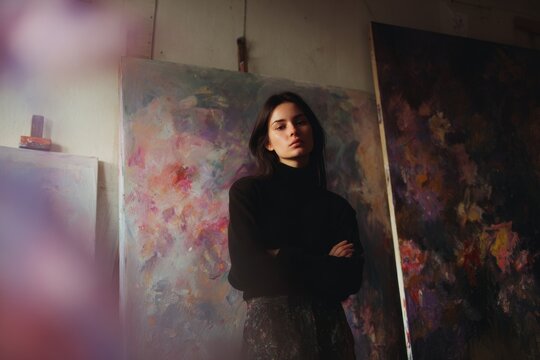 Artist woman in maximal studio with large abstract canvases and layered paint for creative studio background and portfolio banner