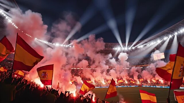 Spanish Football Fans Celebrating in Stadium with Flares and Flags