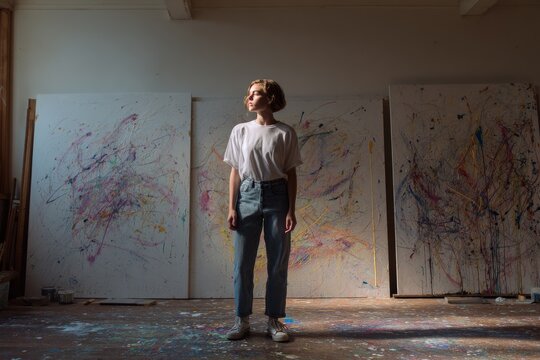 Woman artist standing in a paint splattered studio with large abstract canvases for creative workshop poster or artist portfolio background