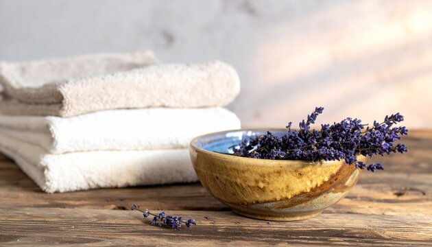Vintage blue ceramic vase with lavender flowers on rustic table.