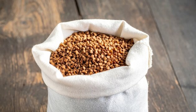 Burlap bag filled with raw organic buckwheat groats
