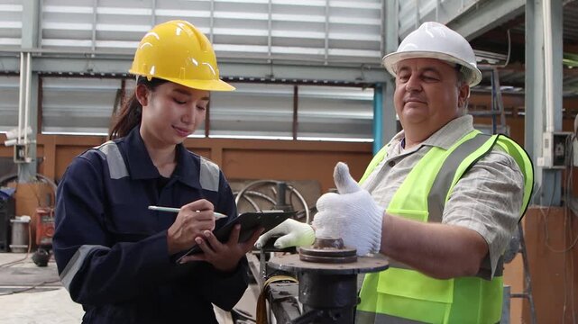 Industrial senior engineer foreman listens to Asian female worker explain about machine maintenance and give thump up to her at metal factory. Two workers in safety suit and helmet working together.