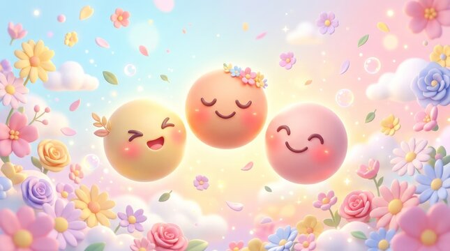 Three smiling spherical characters surrounded by pastel flowers and springtime blossom background with spherical characters colorful delightful background happiness illustration charming