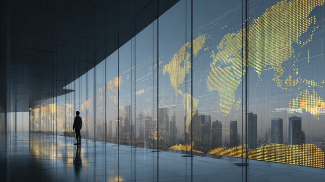 A lone businessman standing in a modern office looking at a glowing world map overlay.