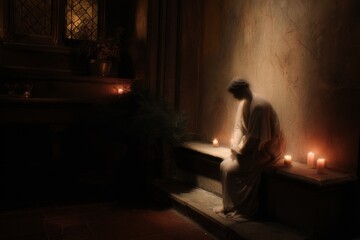 Obraz premium Quiet chapel corner with candles and solitary figure for contemplative religious interior background and sacred atmosphere design
