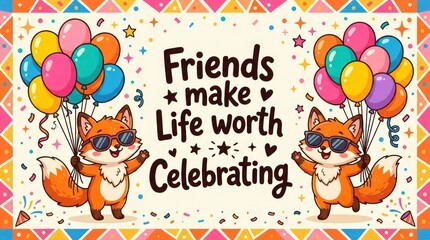 Naklejka premium Cute cartoon foxes holding colorful balloons with inspiring text friends make life worth celebrating balloons celebration birthday inspiring colorful confetti illustration wildlife