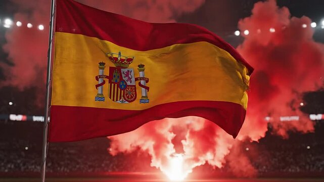 Spanish Flag Waving in Stadium with Red Smoke and Flares