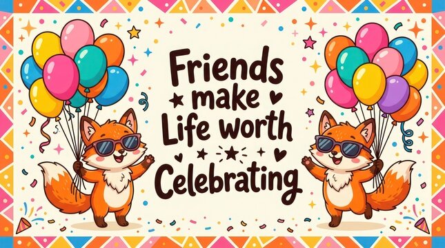 Cute cartoon foxes holding colorful balloons with inspiring text friends make life worth celebrating balloons celebration birthday inspiring colorful confetti illustration wildlife