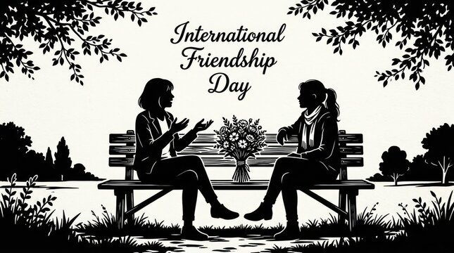 International friendship day silhouette illustration of two friends sitting on park bench with friendship silhouette together relationship connection conversation communication monochrome