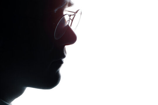 Minimal rim light profile silhouette of a person wearing glasses for editorial portrait background and concept imagery