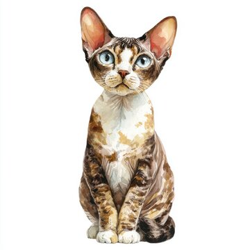 Watercolor Painting Of A Brown And White Devon Rex Cat Sitting Upright Isolated On White Background