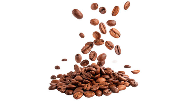 Pile of natural organic raw brown coffee beans isolated on a transparent background