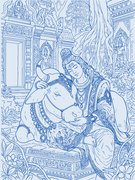 Lord Shiva and Parvati Hindu god Design Element. Sketch or Drawing of Shiva Parvati Outline Editable Vector Illustration