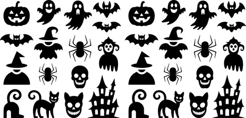 Obraz premium Halloween Silhouette Vector Elements Set. Spooky Black Icons Pack with Jack o Lantern, Witch Hat, Broom, Haunted House, Spider Web, Bats, Skull, Cross, Raven, Potion Bottles and Cauldron.