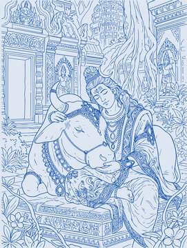 Lord Shiva and Parvati Hindu god Design Element. Sketch or Drawing of Shiva Parvati Outline Editable Vector Illustration
