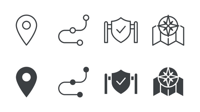 Location mapping and security icon set featuring map pin route path and shield checkmark symbols location security