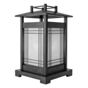 Traditional Japanese garden lantern illustration in monochrome halftone style. Realistic oriental stone lamp design for zen gardens. Classic Asian outdoor lighting element vector.