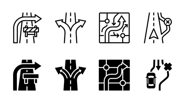 Road navigation and traffic routing icons set featuring crossroads highway directions and detour symbols, navigation