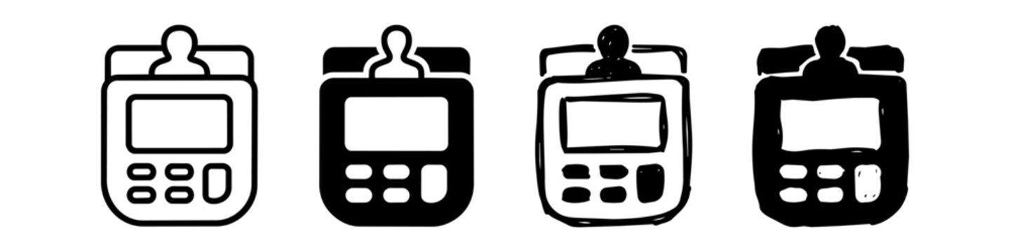 Set of four credit card payment terminal icons in outline, solid, and hand-drawn styles. Ideal for fintech, retail, and e-commerce projects focusing on secure digital transactions and banking.