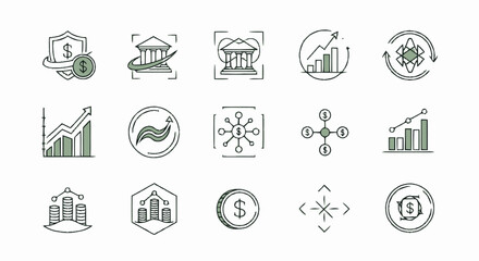 Fototapeta premium Hand drawn financial and banking icon set with business charts and cryptocurrency symbols.
