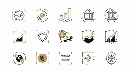 Obraz premium Hand drawn financial and banking icon set with business growth and security symbols.