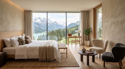 Obraz premium Luxury hotel room with mountain lake view, modern interior design, serene ambiance