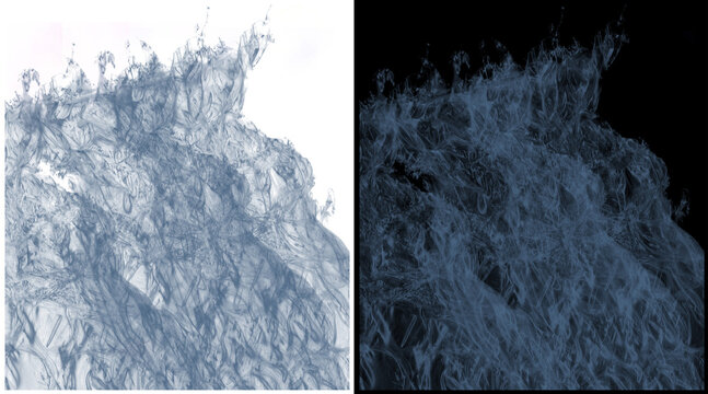 Water splash, blue liquid, splash on white and black background, abstract