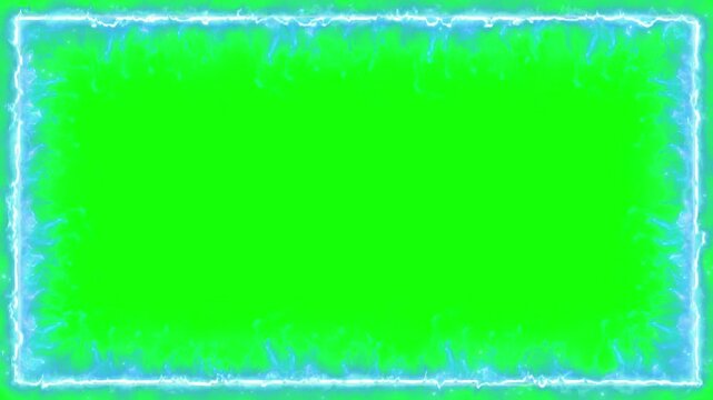 Rectangle frame featuring a glowing blue light border stands centered against a solid green background.