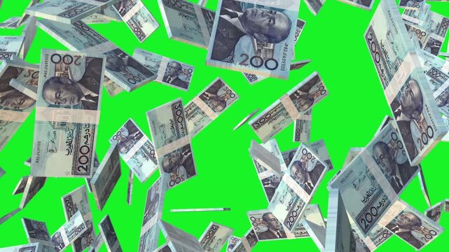 Moroccan 200 Dirham banknote packs falling loop. Moroccan Dirham money note fall. 3D seamless looped isolated abstract concept of economy, finance, crisis, success and banking on green screen