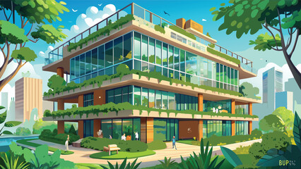 Fototapeta premium Modern office building with rooftop garden and glass exterior building architecture sustainable exterior business corporate commercial structure environment contemporary professional