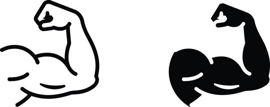 Two black and white silhouette of a muscular arm flexing to represent strength, fitness, power, and bodybuilding
